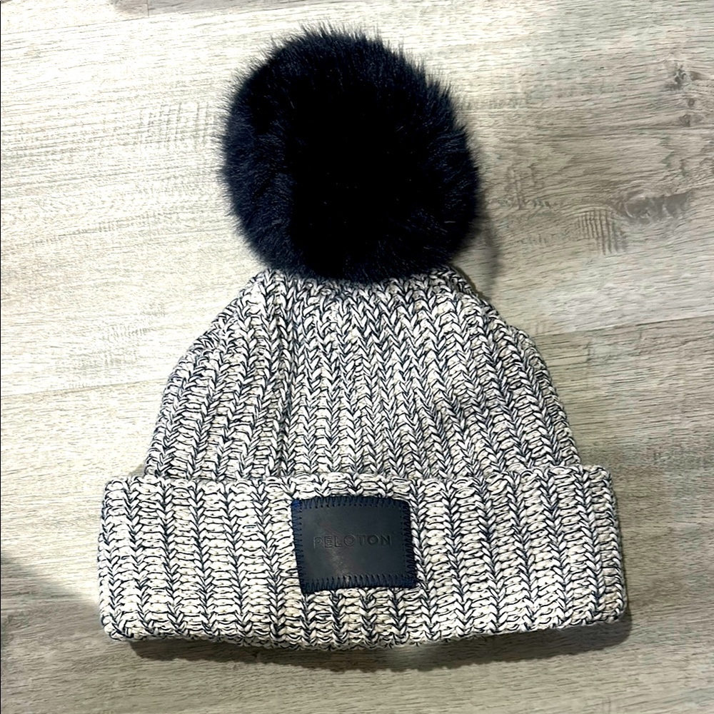 Peloton navy and White Knit Beanie with Pom